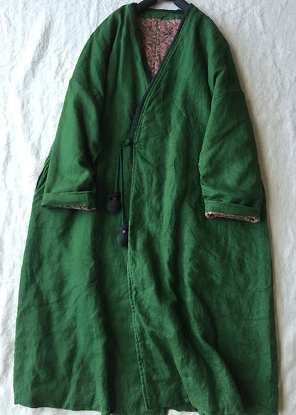 Green V Neck Button Cotton Filled Parka Long Coats Winter