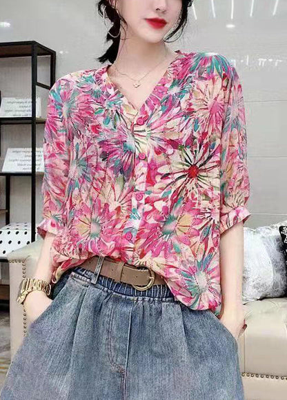 Green V Neck Button Diamonds Print Chiffon Shirt Top Short Sleeve