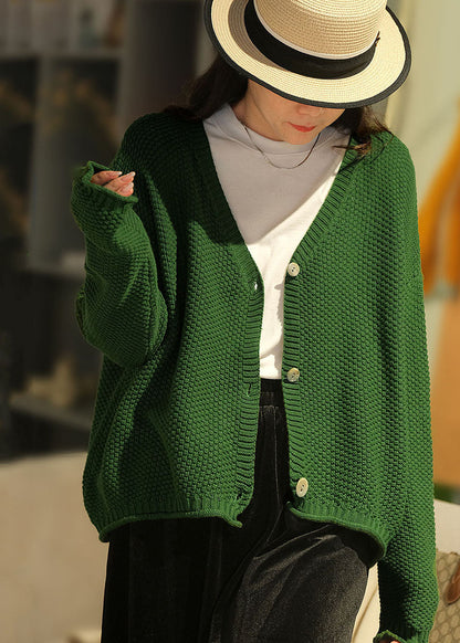 Green V Neck Button Knit Loose Cardigans Fall