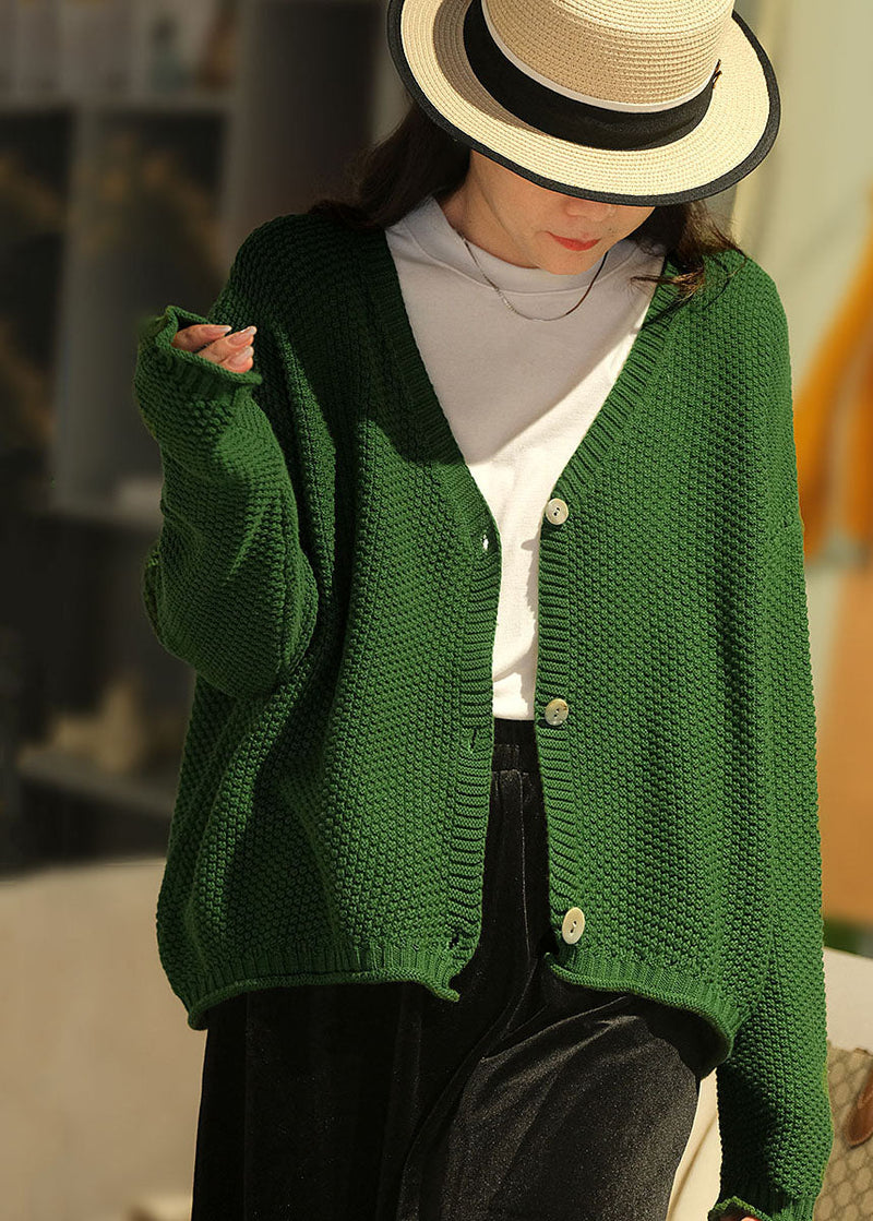 Green V Neck Button Knit Loose Cardigans Fall