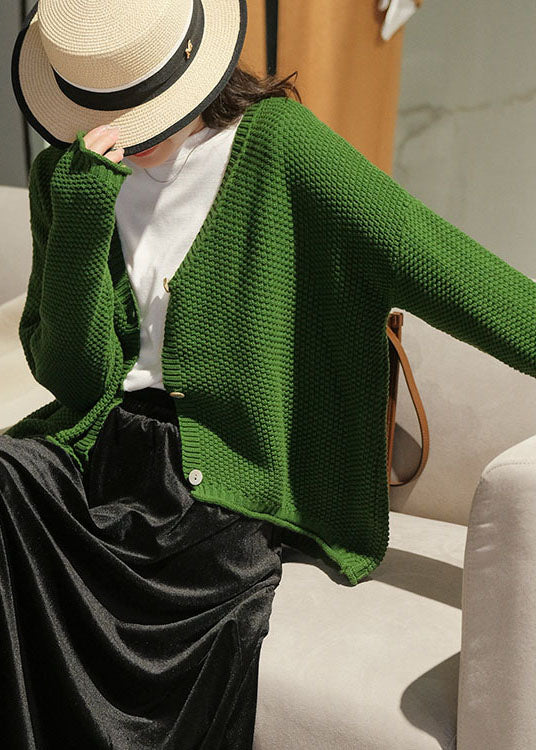 Green V Neck Button Knit Loose Cardigans Fall