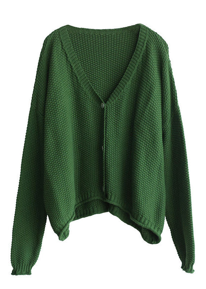 Green V Neck Button Knit Loose Cardigans Fall