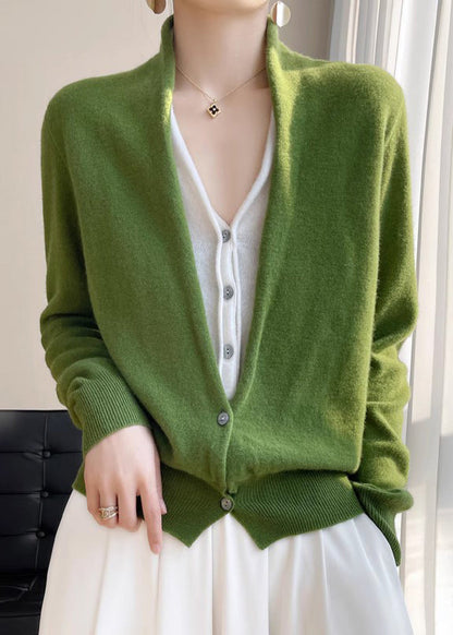 Green V Neck Button Patchwork Wool Knit Top Fall