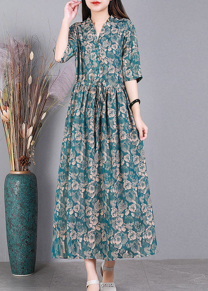 Green V Neck Drawstring Print Silk Long Dress Short Sleeve