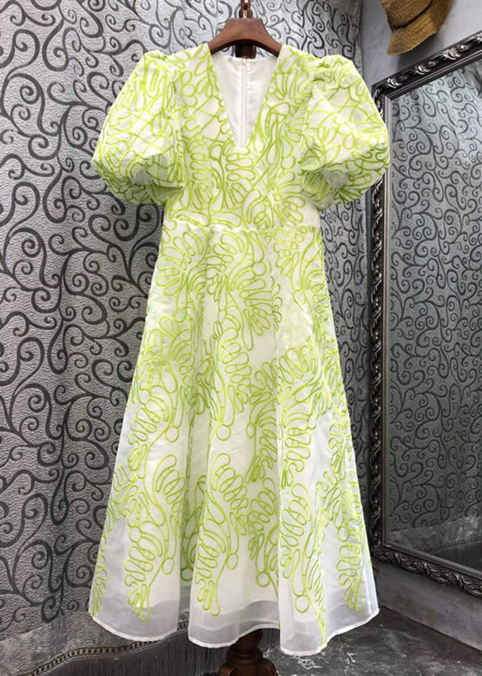 Green V Neck Embroidered Cotton Mid Dress Summer