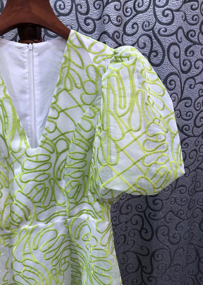 Green V Neck Embroidered Cotton Mid Dress Summer