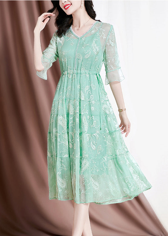 Green V Neck Embroideried Drawstring Silk Vacation Dresses Flare Sleeve