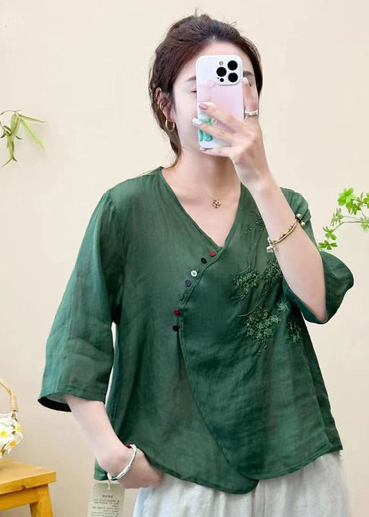 Green V Neck Embroideried Patchwork Linen Tops Summer