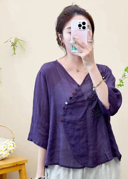 Green V Neck Embroideried Patchwork Linen Tops Summer