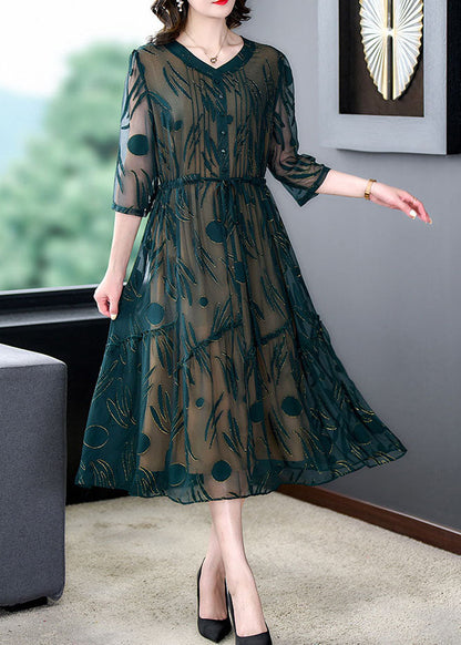 Green V Neck Print Patchwork Silk Dress Summer