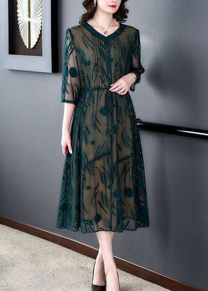 Green V Neck Print Patchwork Silk Dress Summer