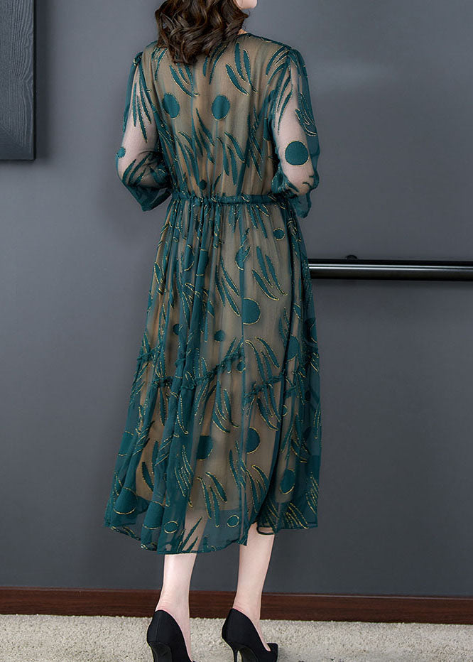 Green V Neck Print Patchwork Silk Dress Summer