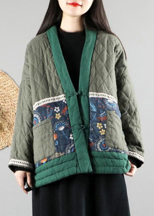 Green V Neck Fine Cotton Filled Puffers Jackets Winter