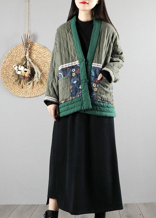 Green V Neck Fine Cotton Filled Puffers Jackets Winter