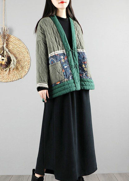 Green V Neck Fine Cotton Filled Puffers Jackets Winter