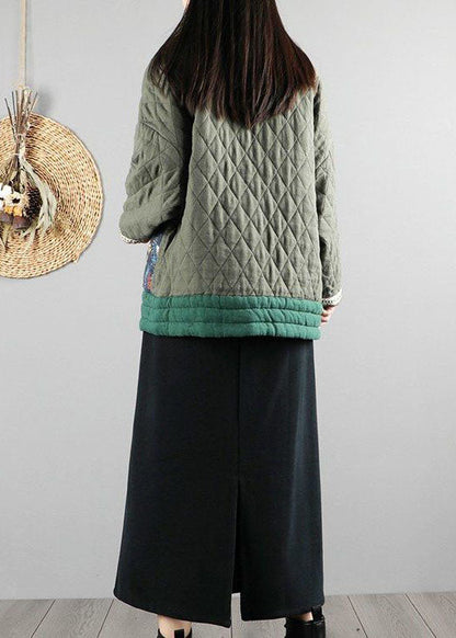 Green V Neck Fine Cotton Filled Puffers Jackets Winter