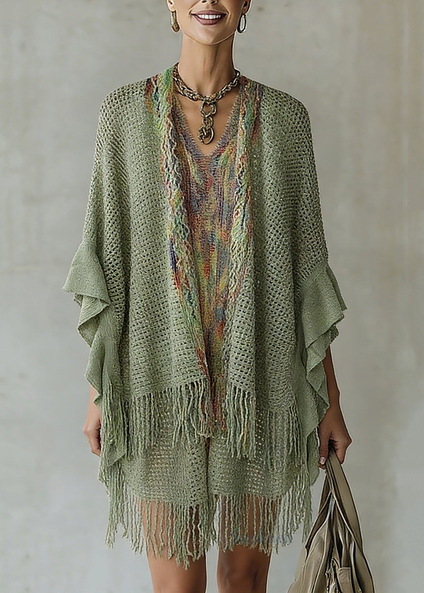Green V Neck Knit Cardigan Batwing Sleeve