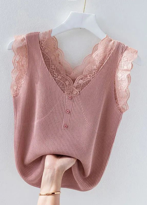 Green V Neck Lace Knit Tank Sleeveless