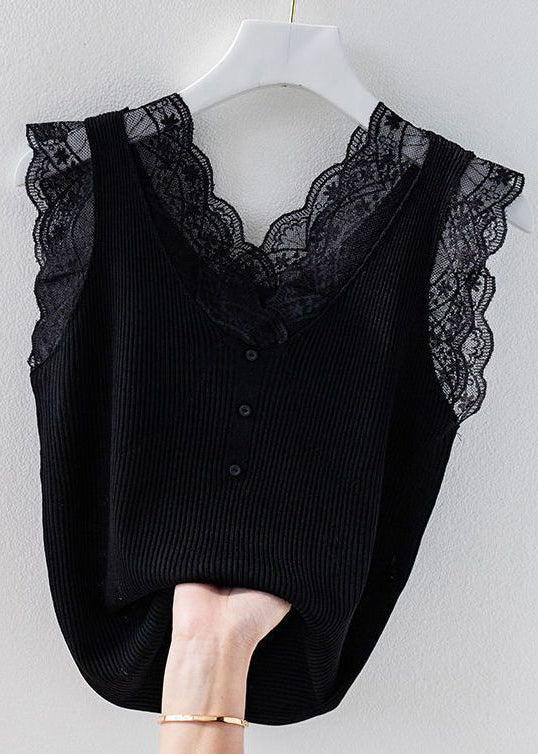 Green V Neck Lace Knit Tank Sleeveless