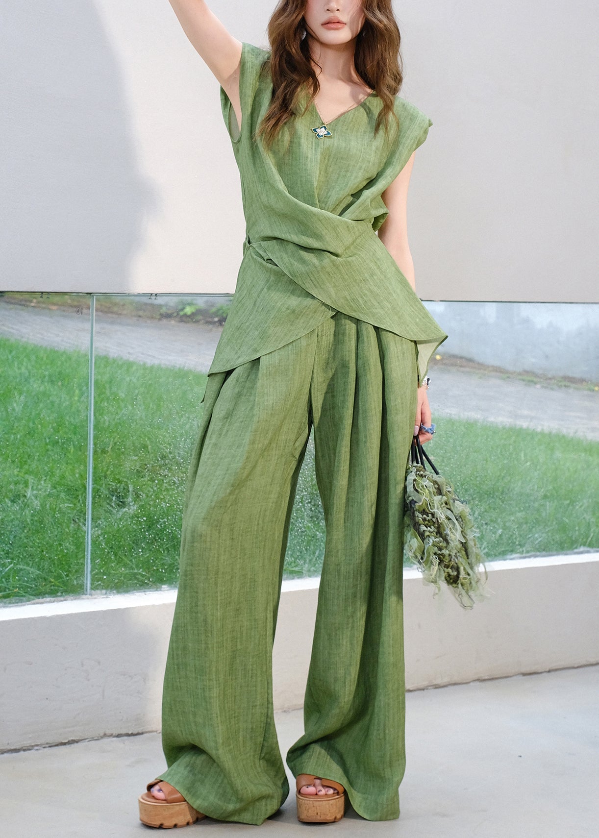 Green V Neck Lace Up Tops and Pants Linen Two Piece Set Sleeveless