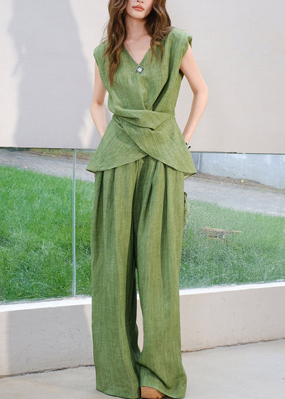 Green V Neck Lace Up Tops and Pants Linen Two Piece Set Sleeveless