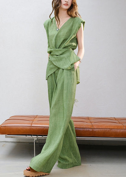 Green V Neck Lace Up Tops and Pants Linen Two Piece Set Sleeveless