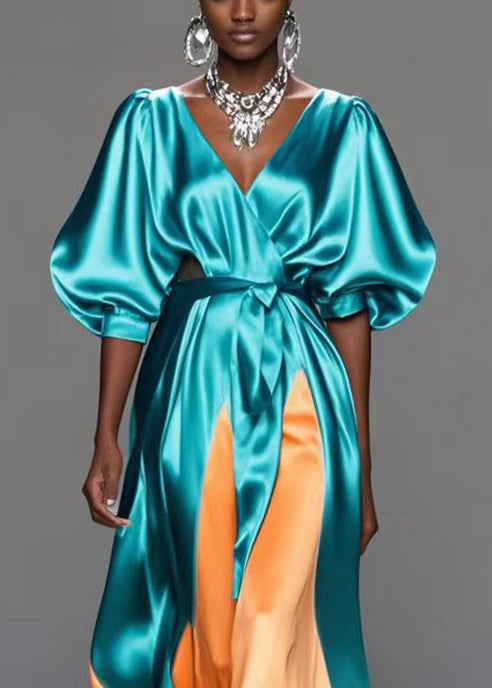 Green V Neck Patchwork Draping Silk Maxi Dress Summer