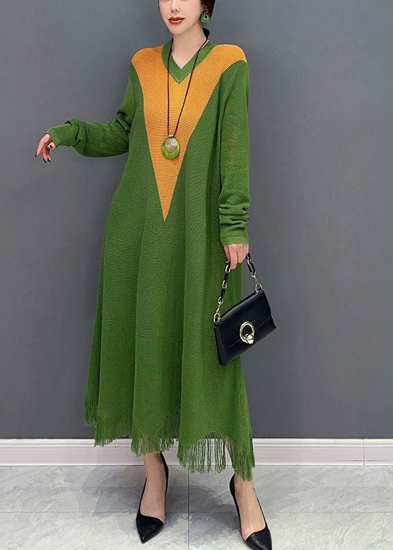 Green V Neck Patchwork Knit a Line Dress Spring