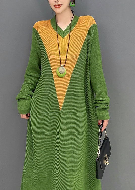 Green V Neck Patchwork Knit a Line Dress Spring