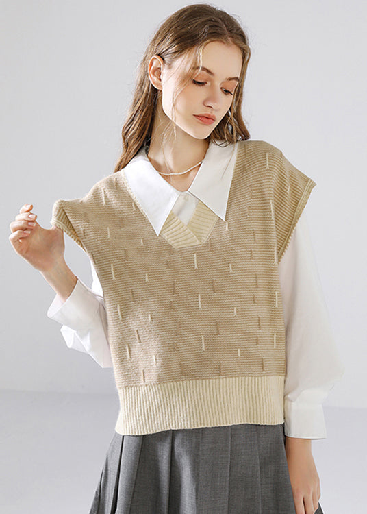 Green V Neck Patchwork Knit Tops Waistcoat Fall