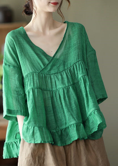 Green V Neck Patchwork Linen Tops Half Sleeve