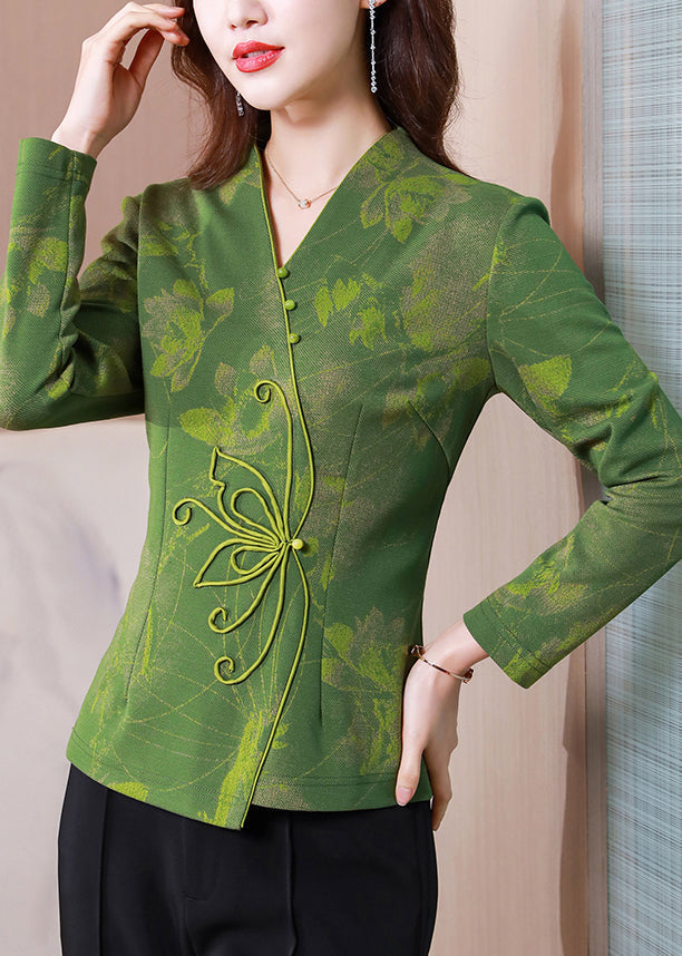 Green V Neck Patchwork Slim Fit Silk Tops Spring