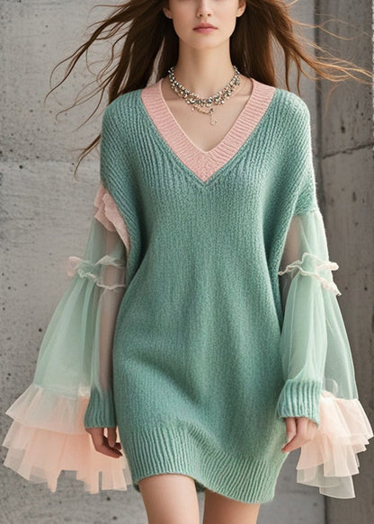 Green V Neck Patchwork Tulle Knitwear Dress Flare Sleeve