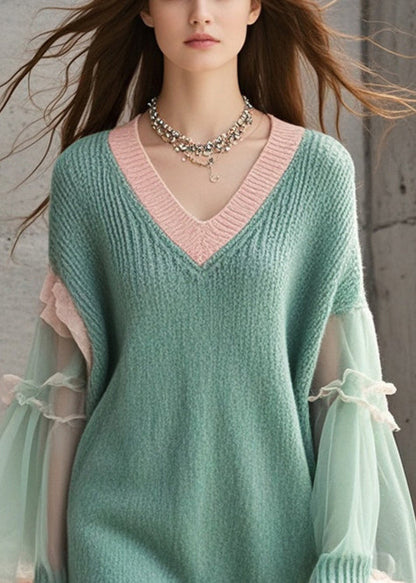 Green V Neck Patchwork Tulle Knitwear Dress Flare Sleeve