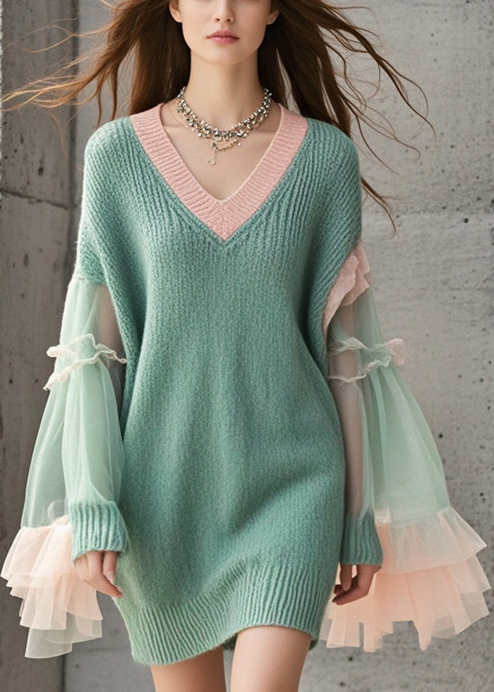 Green V Neck Patchwork Tulle Knitwear Dress Flare Sleeve