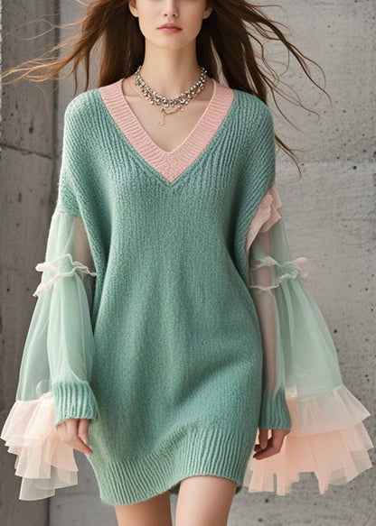 Green V Neck Patchwork Tulle Knitwear Dress Flare Sleeve