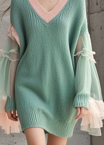 Green V Neck Patchwork Tulle Knitwear Dress Flare Sleeve