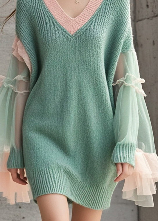 Green V Neck Patchwork Tulle Knitwear Dress Flare Sleeve