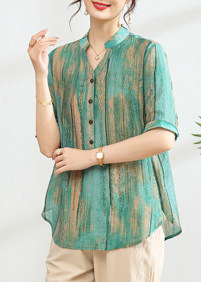 Green V Neck Print Button Cotton Shirt Summer