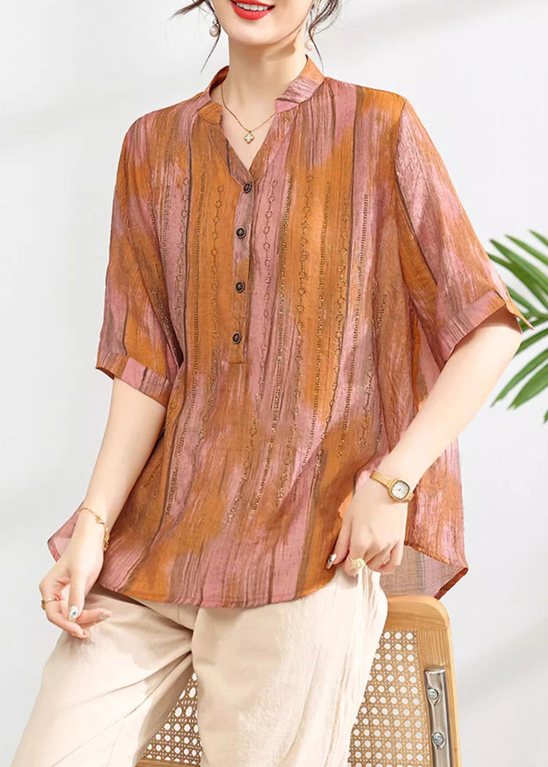 Green V Neck Print Button Cotton Shirt Summer