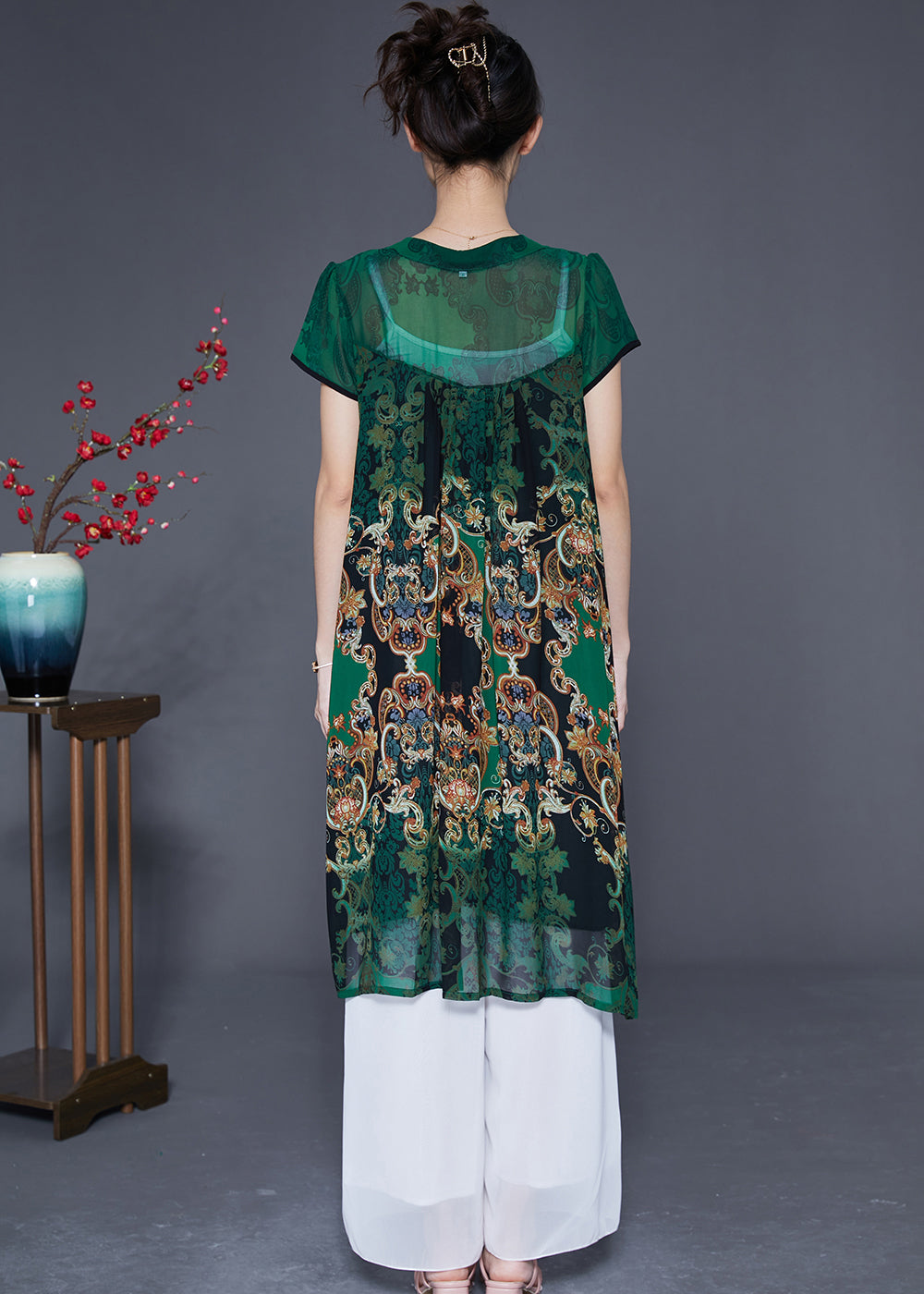 Green V Neck Print Chiffon Holiday Dress Summer
