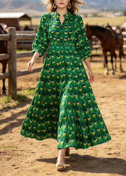 Green V Neck Print Cotton Long Dresses Summer