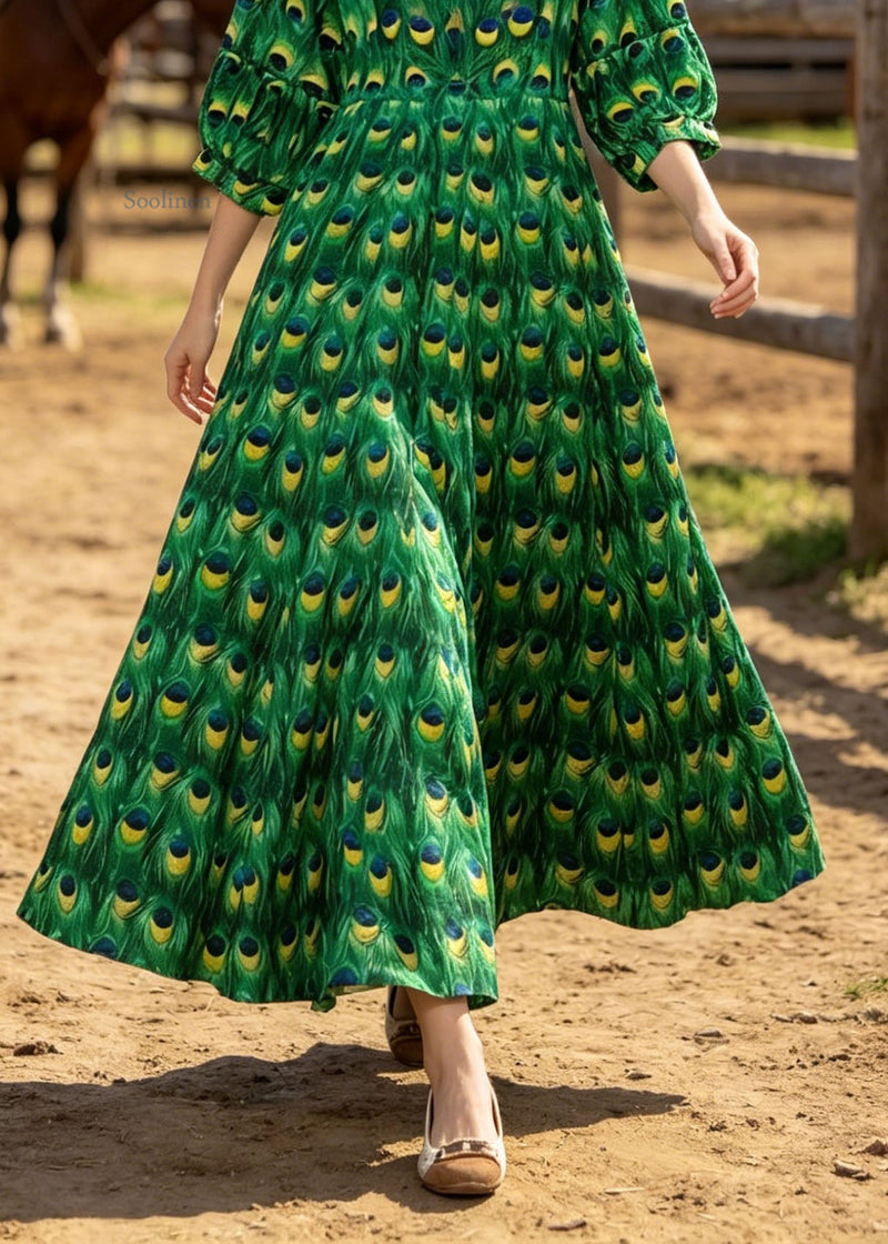 Green V Neck Print Cotton Long Dresses Summer