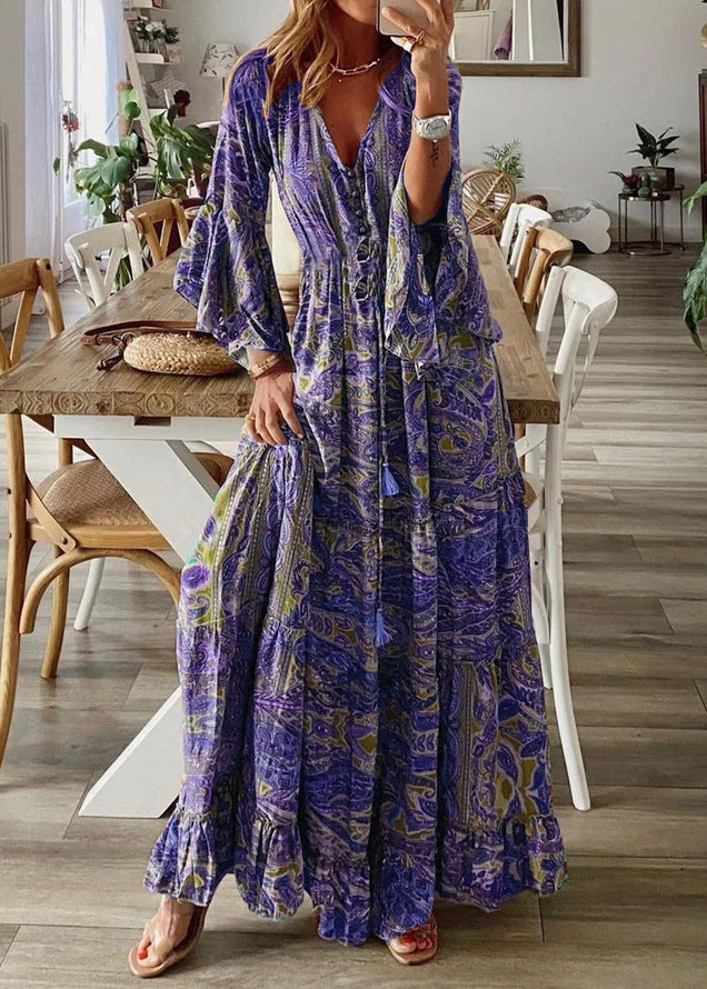 Green V Neck Print Cotton Maxi Dresses Flare Sleeve