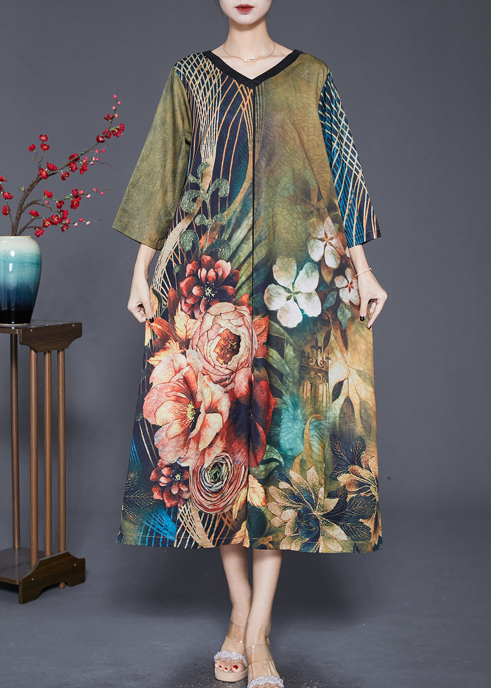 Green V Neck Print Silk a Line Dresses Bracelet Sleeve