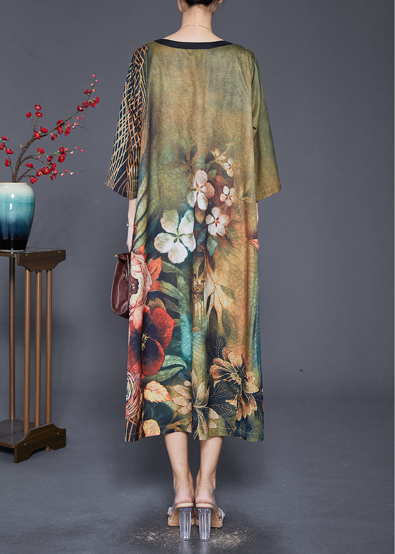 Green V Neck Print Silk a Line Dresses Bracelet Sleeve