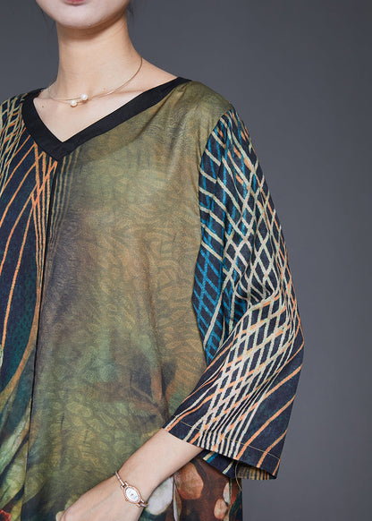 Green V Neck Print Silk a Line Dresses Bracelet Sleeve