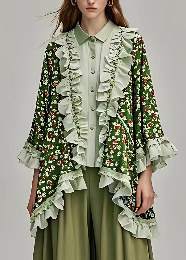 Green V Neck Ruffled Print Patchwork Cardigan Fall