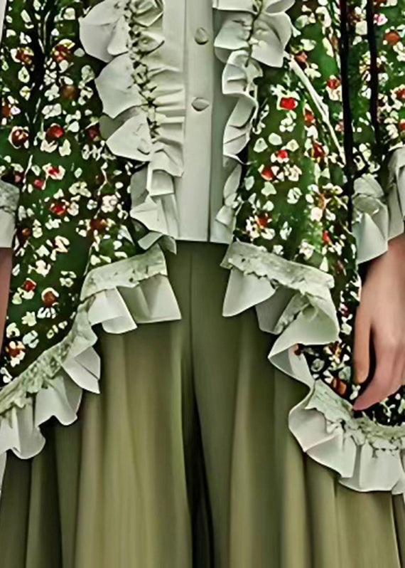 Green V Neck Ruffled Print Patchwork Cardigan Fall