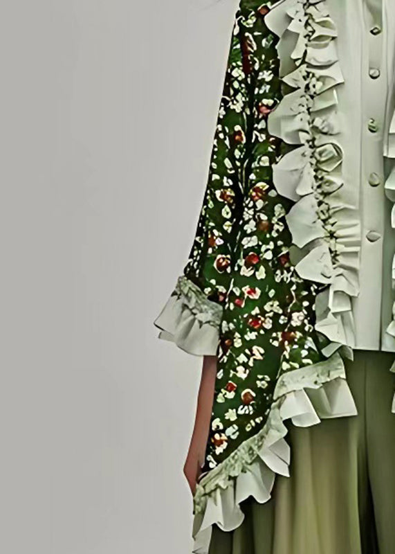 Green V Neck Ruffled Print Patchwork Cardigan Fall